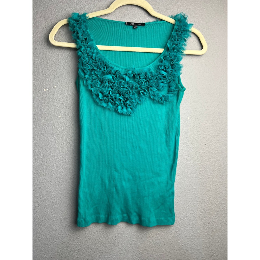 Anne Klein Teal Green Ribbed Ruffle Neck Sleeveless Layer Top Scoop Neck Size‎ S